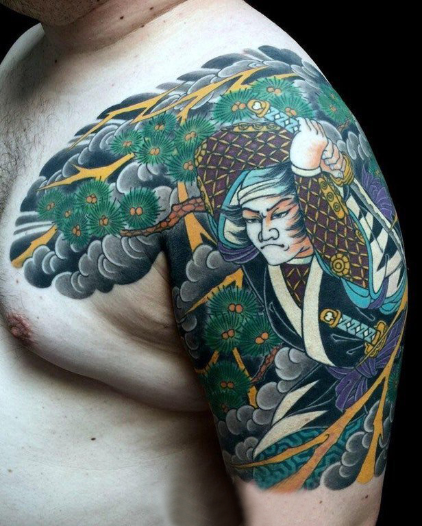 纹身日式  男生大臂上彩绘的日式纹身图片