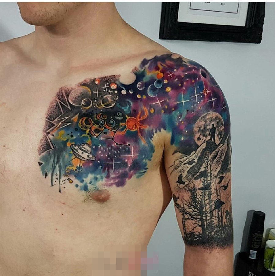 男生半甲纹身彩绘纹身技巧几何元素纹身小星球纹身植物纹身图片
