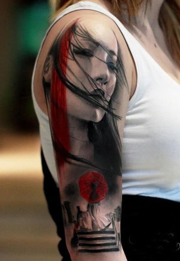 肩部水彩日本艺妓肖像纹身图案