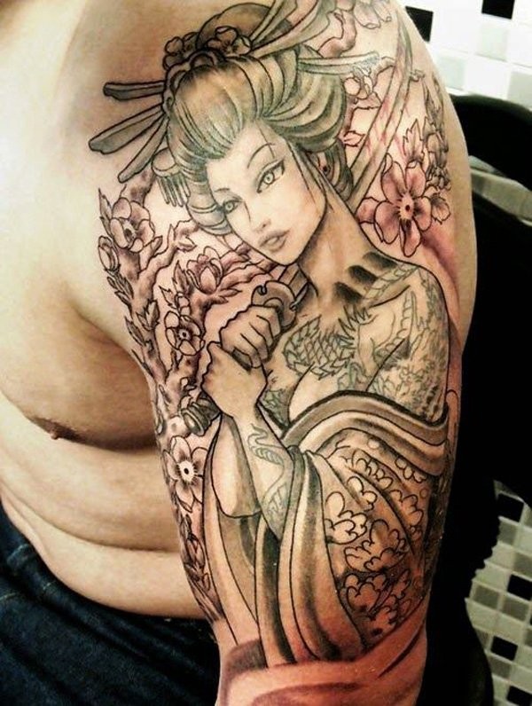 肩部水墨风格日系艺伎纹身图案