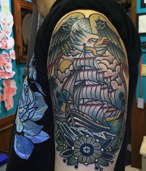 肩部彩色老学校的风格航海帆船纹身