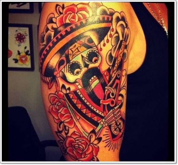 肩部彩色墨西哥骨架纹身图片
