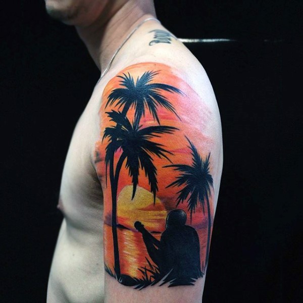 肩部彩绘海洋海滩上的音乐家纹身