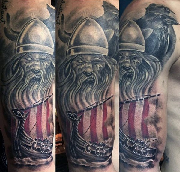 肩部彩色维京战士与船舶纹身图案