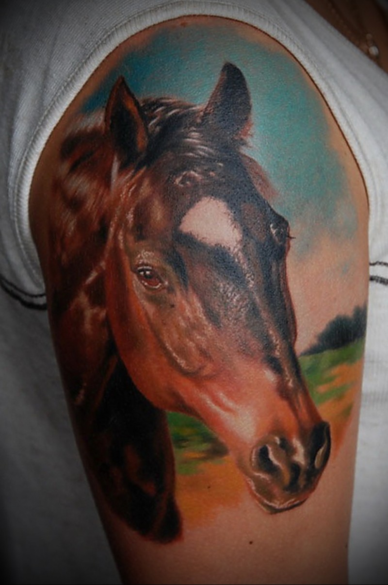肩部彩色逼真的马头纹身图案