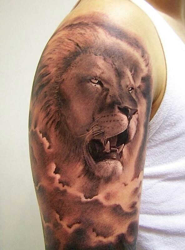 肩部棕色吼叫的狮子纹身图案