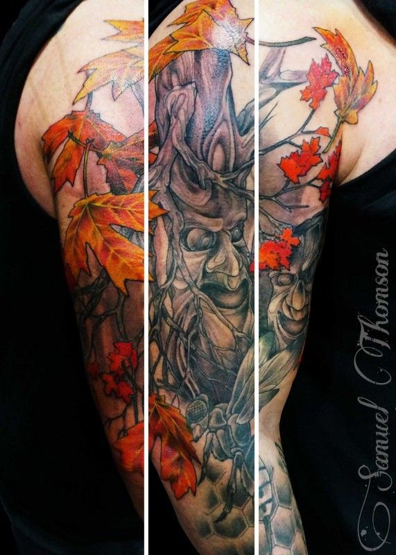 手臂彩色鬼树与叶子纹身图案
