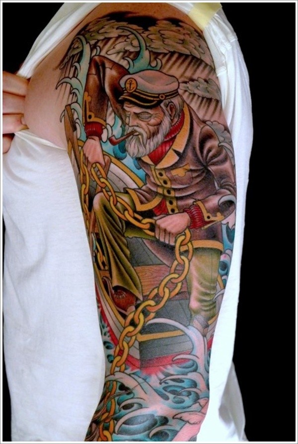 男性手臂彩色老水手纹身图案