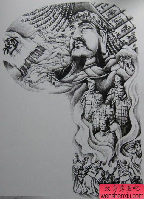 一幅流行经典的半胛秦始皇纹身手稿图案推荐