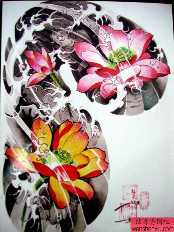 中国传统好看唯美彩色半胛莲花纹身手稿图案展示