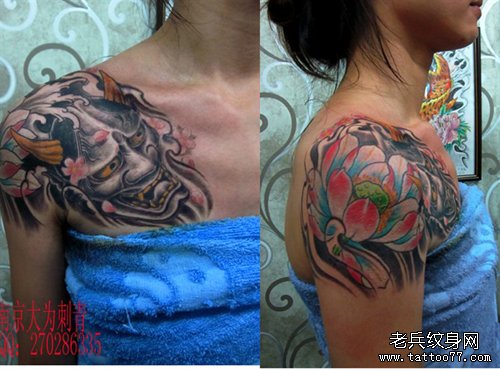南京纹身作品展示：一幅美女的半胛般若与莲花纹身图案