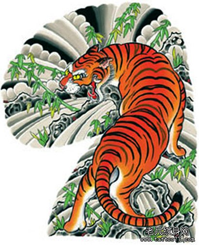 日式老传统经典的传统半胛上山虎纹身手稿图案图片