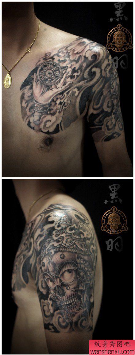 一幅2013年经典帅气的半胛佛手与嘎巴拉纹身图案作品