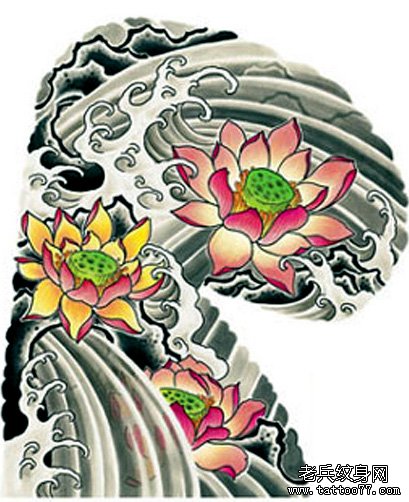 日本日式一幅经典的传统半胛莲花浪花纹身图案