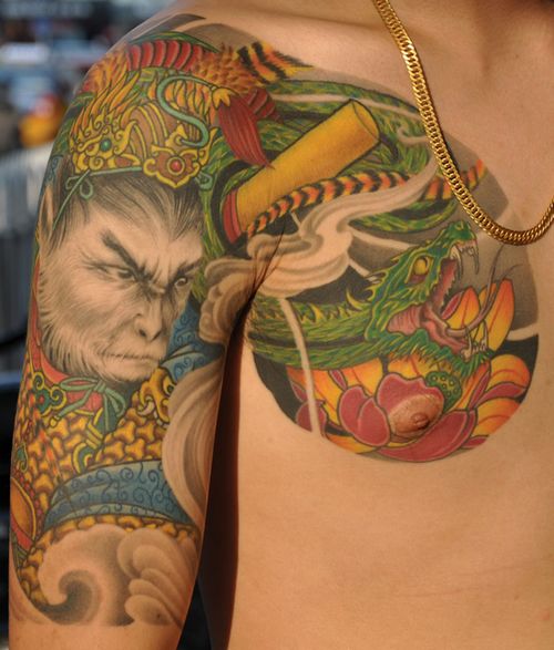 中国神话人物西游记元素中超帅的半胛孙悟空纹身图案作品