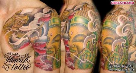 半胛纹身图案：彩色半胛佛头佛像鲤鱼纹身图案