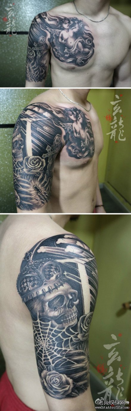中国纹身作品欣赏：经典流行的欧美素描 半胛丘比特与骷髅纹身图案