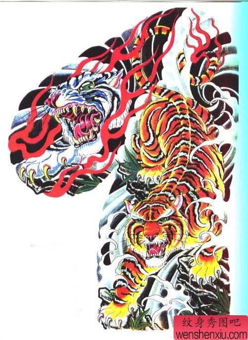 搜集的一幅流行很酷的半胛老虎纹身手稿图案图片展示