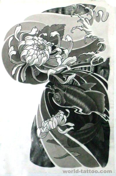 中国传统纹身图案之半胛鲤鱼菊花纹身图案