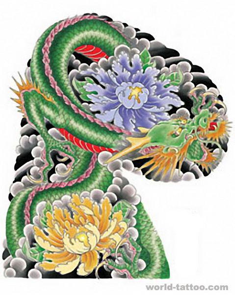 日式老传统半胛龙戏牡丹纹身图案
