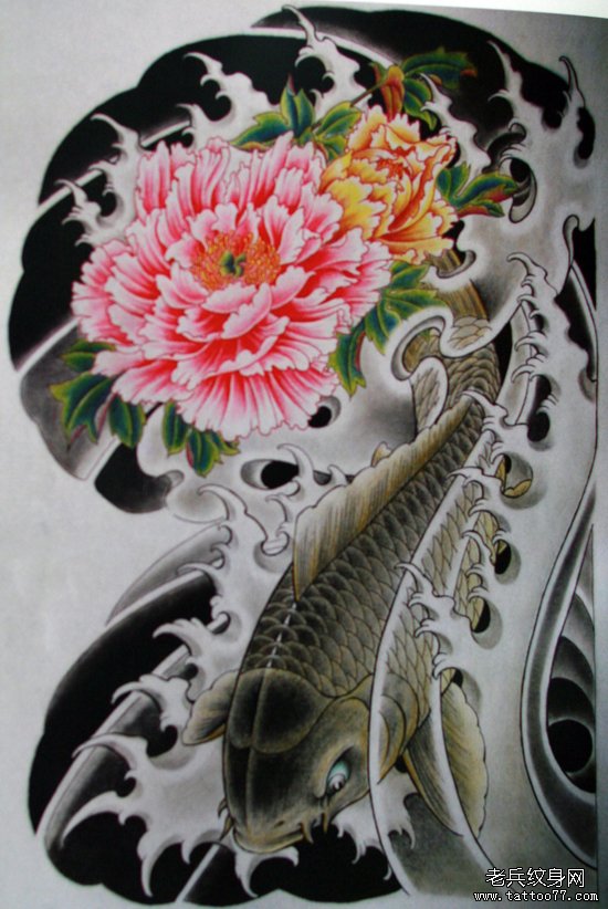 来自中国经典的传统半胛喜庆鲤鱼牡丹纹身手稿图案