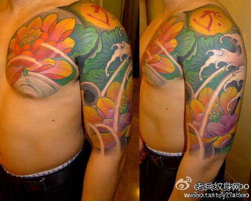 中国工笔风格的好看唯美的半胛荷花莲花梵文纹身图案作品
