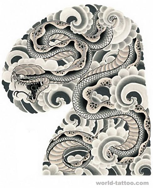 老传统纹身之日式半胛蛇云纹手稿图案展示