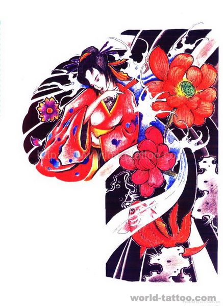 日本纹身图案之日式老传统半胛美女莲花纹身手稿图案图片