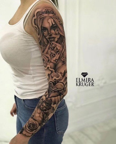 9张欧美女生的写实大花臂纹身图案