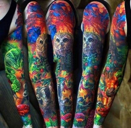 一组炫彩色大花臂纹身图案作品