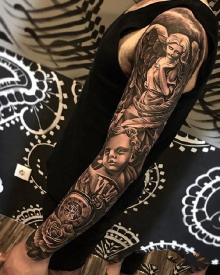 大黑花臂：欧美风格的一组9张大黑花臂纹身图案