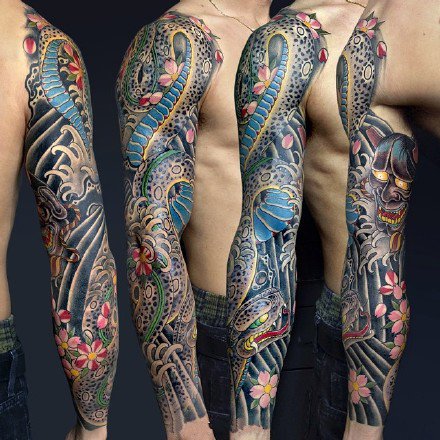 漂亮传统风格的一组花臂纹身图案作品