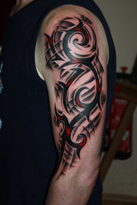 男生手臂上红黑素描创意经典图腾花臂纹身图片