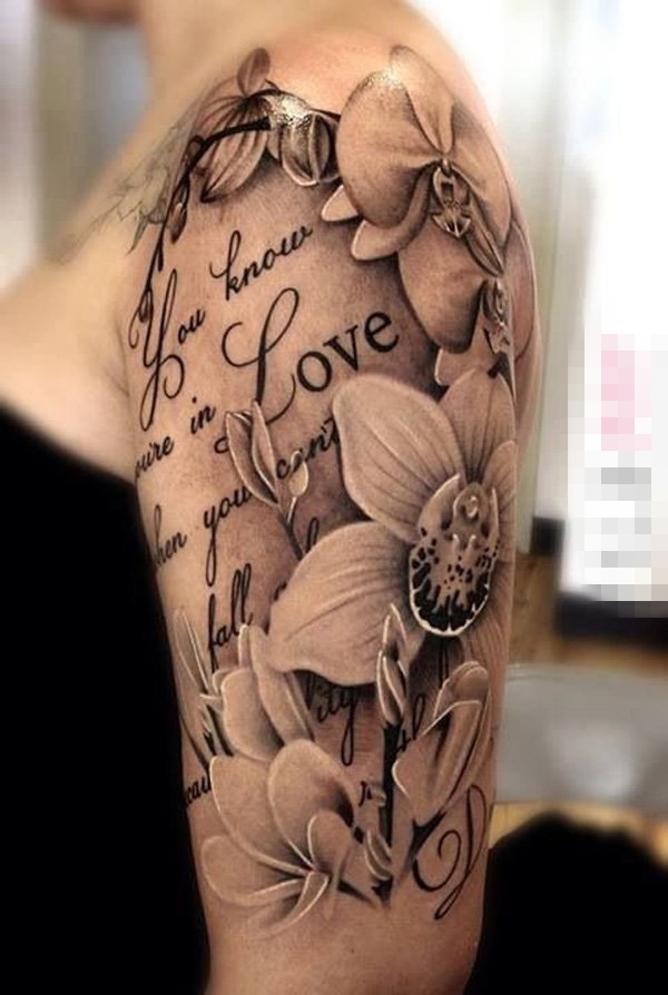 女生手臂上黑色素描点刺技巧创意花朵花臂纹身图片