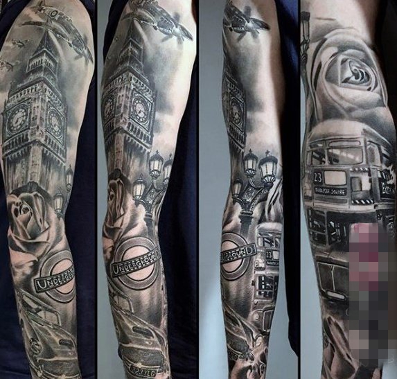 男生手臂上黑色素描点刺技巧经典建筑大本钟花臂纹身图片