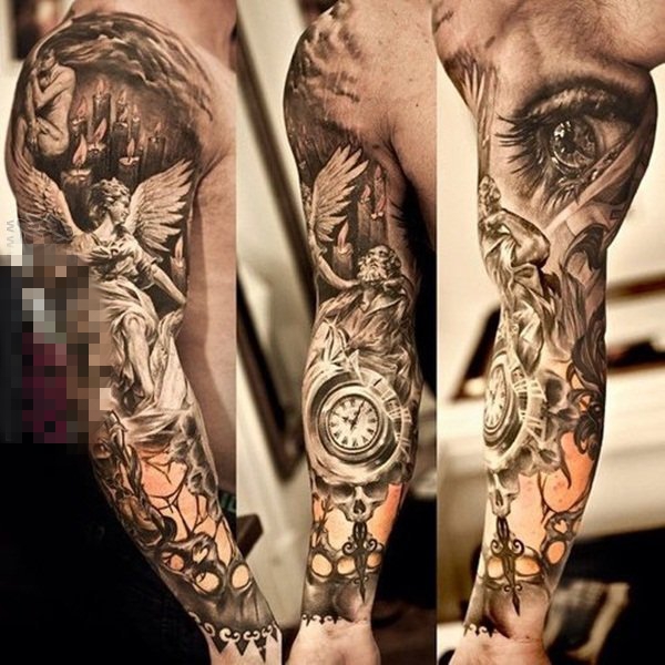 男生手臂上黑色素描点刺技巧创意个性花臂纹身图案