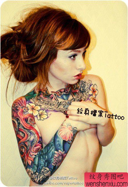 彩色欧美花臂tattoo girl文身作品由文身分享