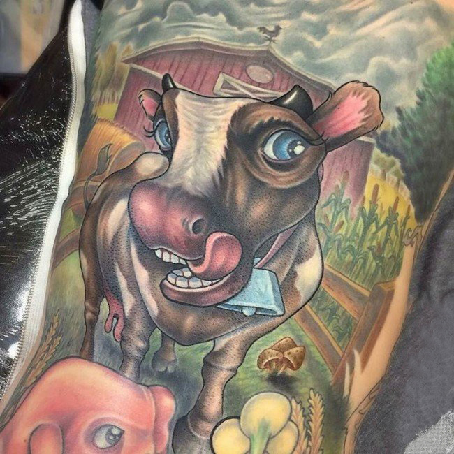 男生背部彩绘水彩素描创意大面积满背牛动物纹身图片