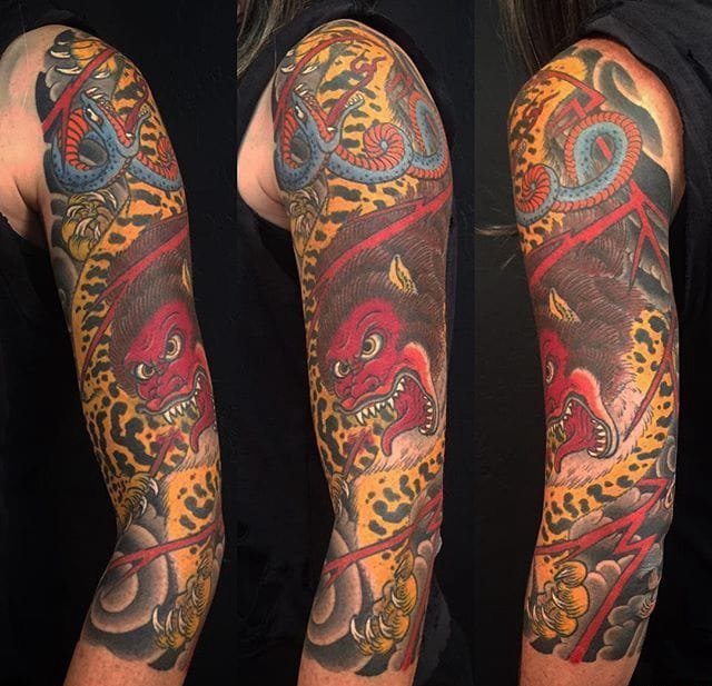 日式纹身花臂彩色传统纹身神话人物和动物纹身图案