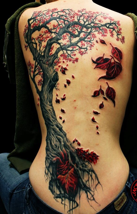 背部奇妙的黑色与红色大树叶子心脏纹身图案