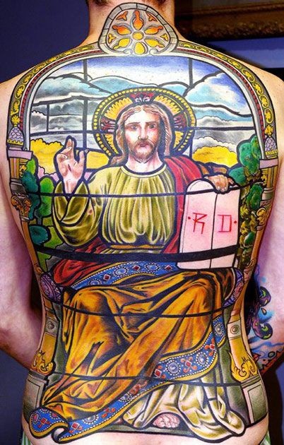 满背彩色的耶稣布道肖像纹身图案