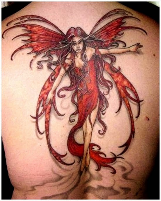 背部美丽的红色精灵纹身图案