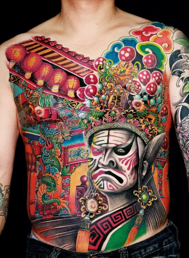 腹部伟大的美丽中国风格京剧纹身图案