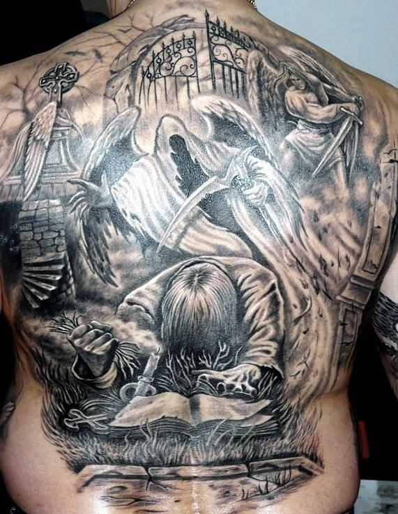 背部伟大的忏悔和死神纹身图案