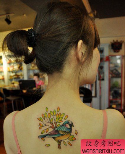 一幅女人背部花鸟刺青图案